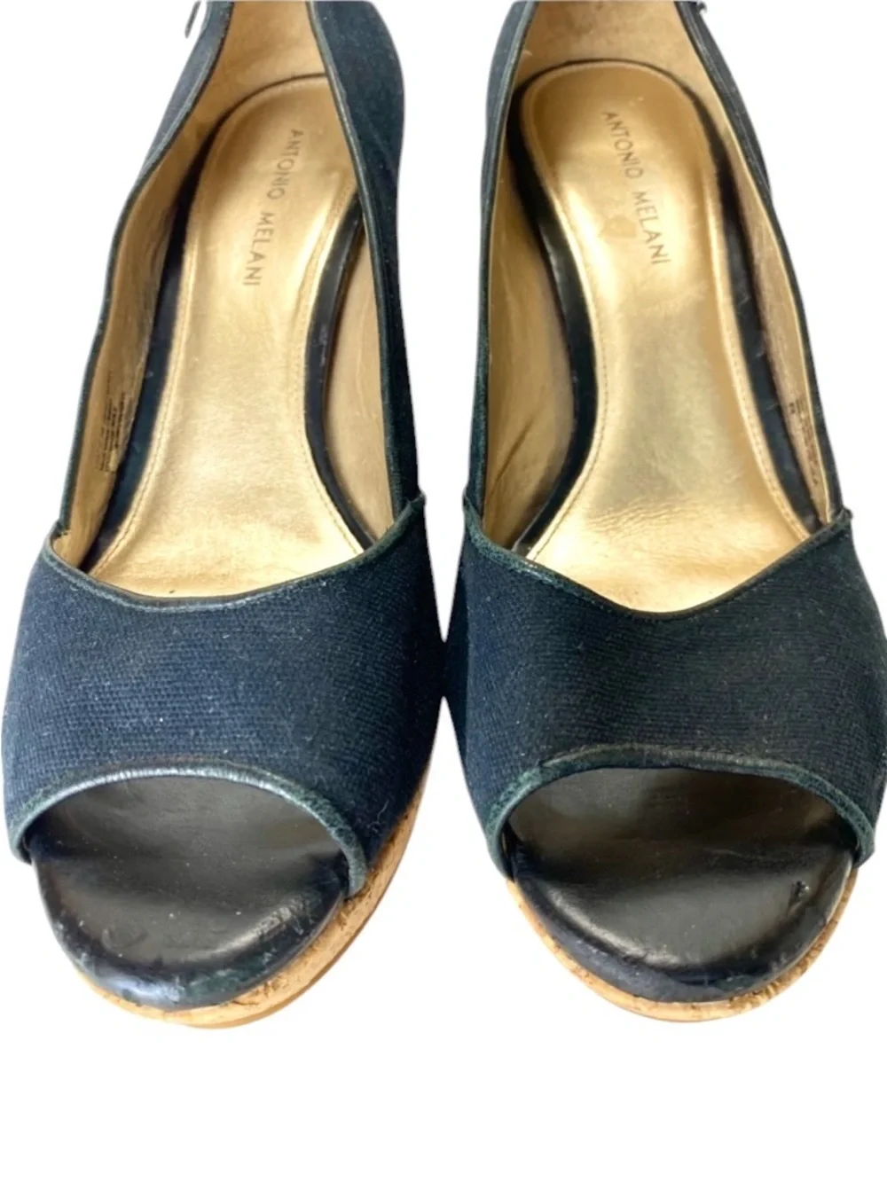 ANTONIO MELANI Black Fabric Open Toe Cork Platform Heels Size 10
